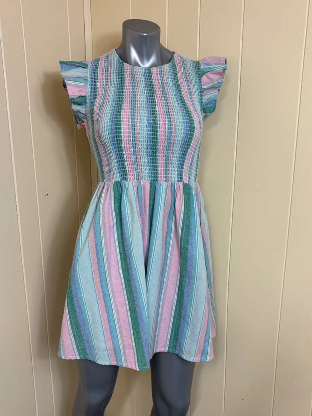 English Factory Womens Smocked Ruffle Round Neck Mini Dress Linen Size XS Stripe